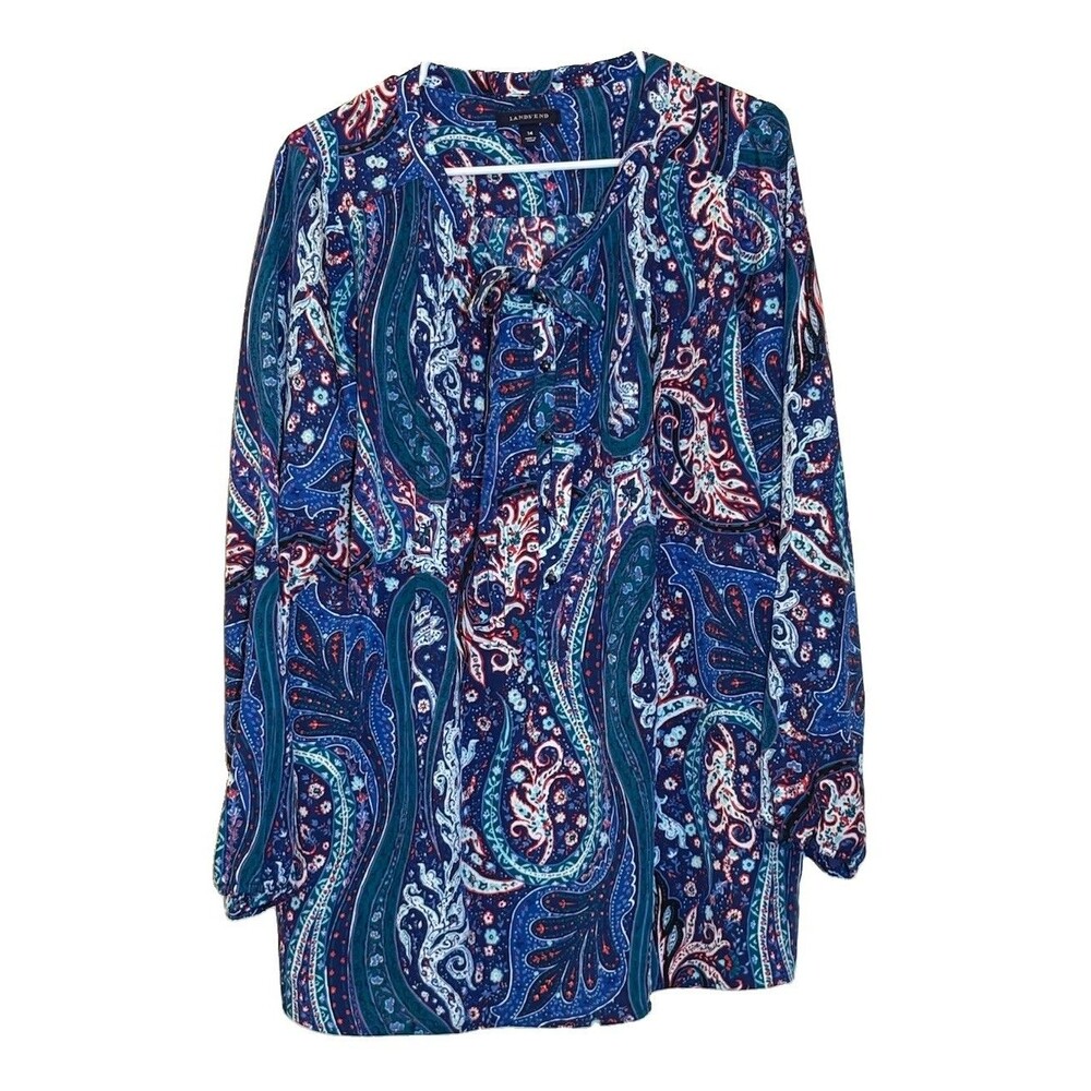 Lands' End Women's Blue Paisley Print Blouse – Size 14 – 100% Polyester – EUC